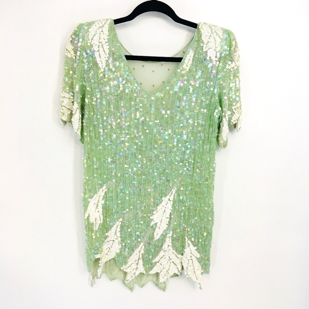 Vintage Green Sequin Short Sleeve Floral Blouse - Picture 7 of 8